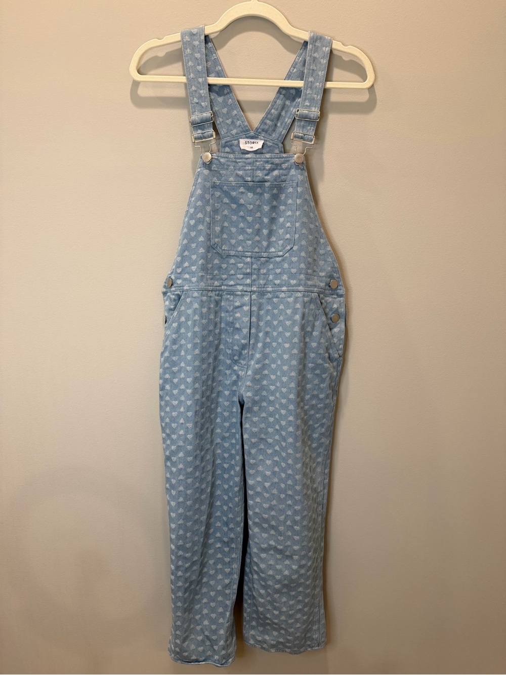 Storia XS Heart Print Denim Overalls Light Wash Y2K Wide Leg